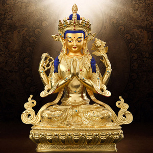 台湾全铜纯铜鎏金尼泊尔密宗四臂观音佛像藏传佛堂供奉观音菩萨像