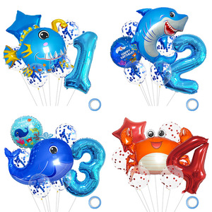 亚马逊新款卡通灯笼鱼鲨鱼鲸鱼班尼螃蟹周岁铝膜气球数字气球束
