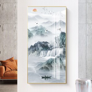中式山水风景玄关画竖版中国风水墨书房背景墙壁画入户过道晶瓷画