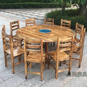 实木火锅店餐桌椅碳化餐馆饭店农家乐大小圆桌烧烤大排档桌椅组合