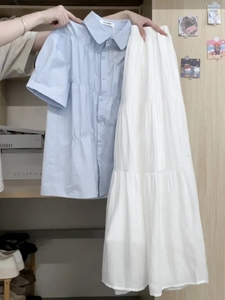 夏装搭配一整套奶系穿搭小个子时尚减龄蓝色衬衫半身裙韩剧两件套