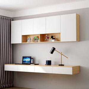 订制靠墙壁挂式悬空书桌书架组合墙上一字形长条实木带抽屉电脑桌