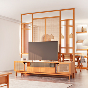 日式实木电视柜背景墙一体客厅樱桃木原木电视机柜藤编屏风隔断墙