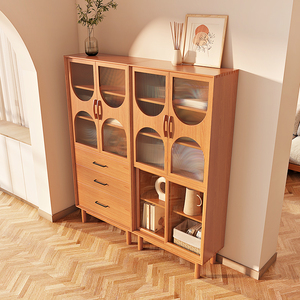 日式樱桃木组合书柜实木手办展示柜带玻璃门书房书架落地简约立柜