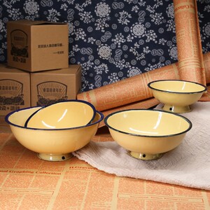 经典老式搪瓷冰花碗黄色铁瓷碗酒店餐厅大排档烧烤摊餐具家用饭碗