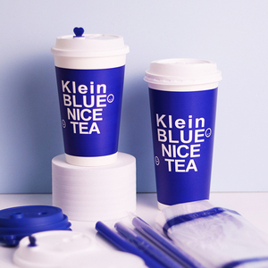 英文茶克莱因蓝一次性奶茶杯双淋膜纸杯90口径热饮杯logo定制带盖