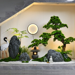 仿真迎客松假山石组合室内楼梯下仿真绿植景观造景新中式茶室摆件