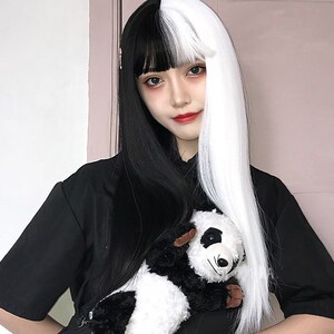 00同秀假发旗舰店天猫假发女长发黑白双拼长直发网红空气刘海双色