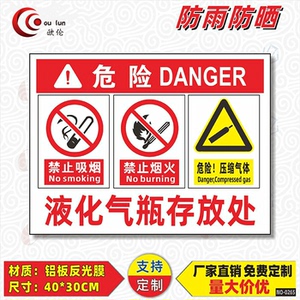 禁止吸烟区标识牌液化气瓶存放处标识牌危险压缩气体气瓶暂放区警示