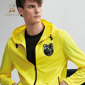 canudilo卡奴迪路春款新品黄色连帽外套男士熊猫轻薄夹克男