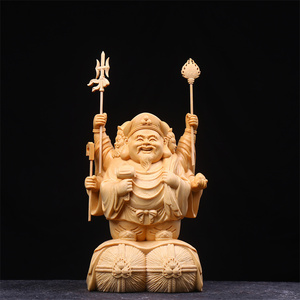桧木实木雕刻财神爷佛像三面大黑天摆件家居工艺品乔迁开业送礼品