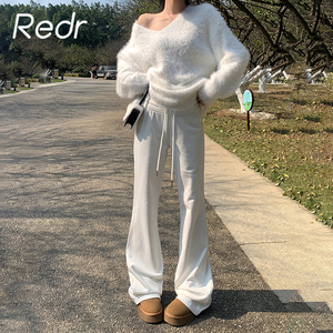 REDR白色微喇叭卫裤女2024新款早春季低腰抽绳瑜伽运动休闲裤子