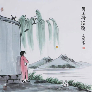 千色画业丰子恺四尺斗方写意人物月上柳梢头书房卧室走廊装饰挂画