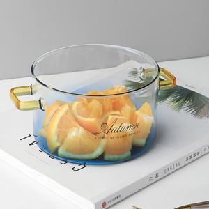 玻璃碗带把手带盖把带手甜品沙拉碗泡面碗家用汤碗20191126蓝色双