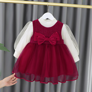 女童蕾丝连衣裙春秋季2023新款时髦洋气女宝宝红色公主裙俩件套潮