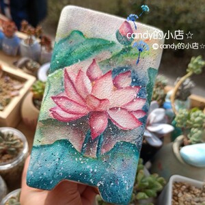 手工手绘硅质颜料紫砂精美国画风荷花景观方形大号花盆老桩多肉盆