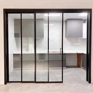 上海极窄边厨房三联动推拉门黑白色客厅吊轨隔断阳台超白长虹移门