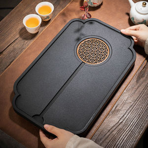 瓷牌茗仿石茶盘家用简约茶托茶具配件花边《流窗》石英石茶盘