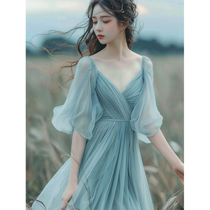小个子法式v领蓝色仙女连衣裙海边度假风飘逸收腰雪纺长裙子夏季