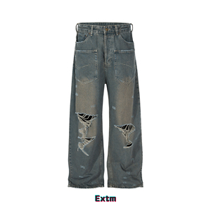 EXTM巴黎风格反转口袋糜烂水洗泥染牛仔裤街头重工做旧直筒长裤潮
