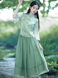 汉服套装女夏中国风禅意茶艺师服装旗袍改良版两件套新中式连衣裙