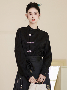 新中式上衣配马面裙的衬衣女款长袖春季国风改良汉服立领衬衫黑色
