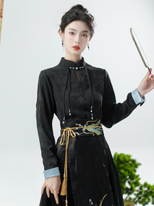 黑色立领衬衫长袖新中式国风改良汉服女款上衣配马面裙的衬衣秋季