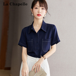 拉夏贝尔/La Chapelle新品复古港风衬衫女宽松休闲短袖POLI领上衣