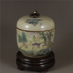 古董居仁堂山水人家铜环盖罐茶叶罐摆件仿古瓷器收藏老物旧货民国