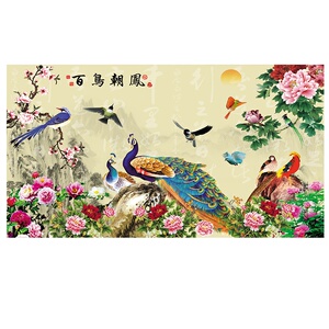 百鸟朝凤挂画客厅卧室背胶布画墙画喷绘打印自粘壁画百鸟归巢画芯