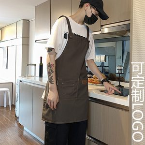帆布咖啡奶茶美甲店围裙定制logo印字女餐饮专用工作服男秋冬围腰