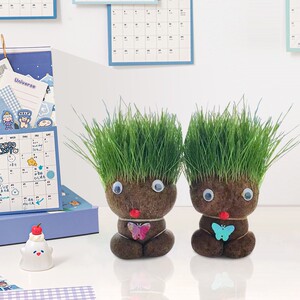 头上长草娃娃盆栽带托盘网红头顶浇水丑萌创意水培绿植小植物多肉