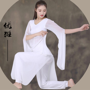 青袅白色瑜伽服套装女新款雪纺纱仙气飘逸莫代尔棉表演出服装定
