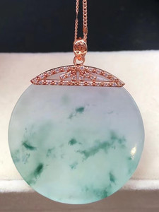 一元拍卖天然缅甸老坑a货翡翠冰种飘蓝花圆形平安无事牌玉石吊坠