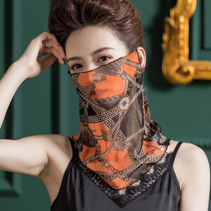 欧美风遮阳面罩女网眼真丝蒙面巾夏季防晒围脖桑蚕丝印花挂耳丝巾