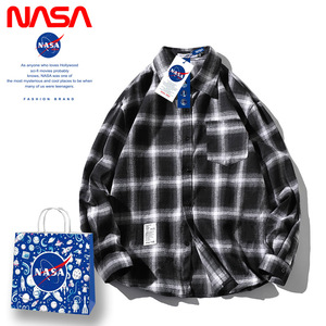 NASA旗舰店潮牌宽松黑白格子衬衫女冬季长袖衬衣外套男2023年加绒