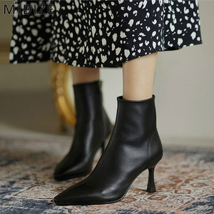 MIDIZE靴子黑色羊皮短靴鞋子女2022年新款冬季加绒高跟鞋尖头踝靴