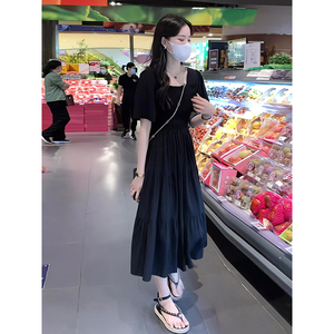 韩国东大门黑色连衣裙女2023夏新款法式淑女气质收腰显瘦短袖裙子