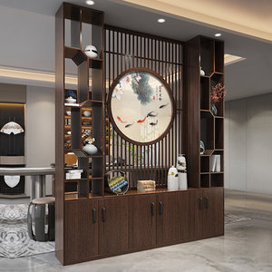 新中式原木屏风隔断柜客厅餐厅遮挡家用入户玄关置物架现代一体柜