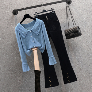 大码女早春装胖MM法式高级设计感蓝色针织衫毛衣裤子显瘦减龄套装