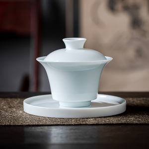 湖田窑纯色影青马蹄盖碗茶杯陶瓷家用不烫手简约功夫茶碗三才碗