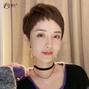 假发女短发狗啃刘海超短假发套新款时尚自然全头套式真发全真人发