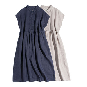 无印良品女士夏季亚麻连衣裙宽松大码显瘦落肩连袖衬衫裙文艺裙子