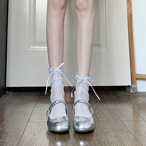玛丽珍花边蕾丝袜子女中筒夏季芭蕾风银丝带蝴蝶结白色jk小腿短袜