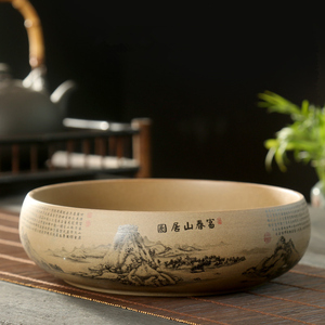 中式复古特大号茶洗粗陶家用大号水洗茶杯盆陶瓷茶具配件笔洗水盂