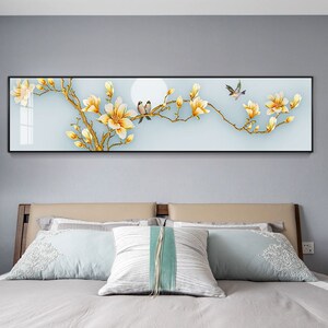 新中式卧室床头装饰画背景墙挂画中国风房间壁画横幅创意花鸟墙