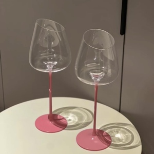斜口粉色红酒杯玻璃高级感高脚杯轻奢风家用聚会葡萄酒杯香槟杯子