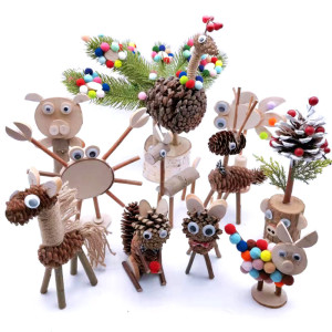 儿童创意制作幼儿园玩具环创手工益智粘贴松果木片动物成品摆件