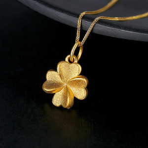 周六福黄金项链女999足金四叶草款吊坠24k纯金3d硬金锁骨套链素金