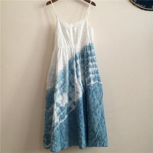 扎染吊带连衣裙女云南大理白族手工扎染丽k江民族风衣服草木染裙